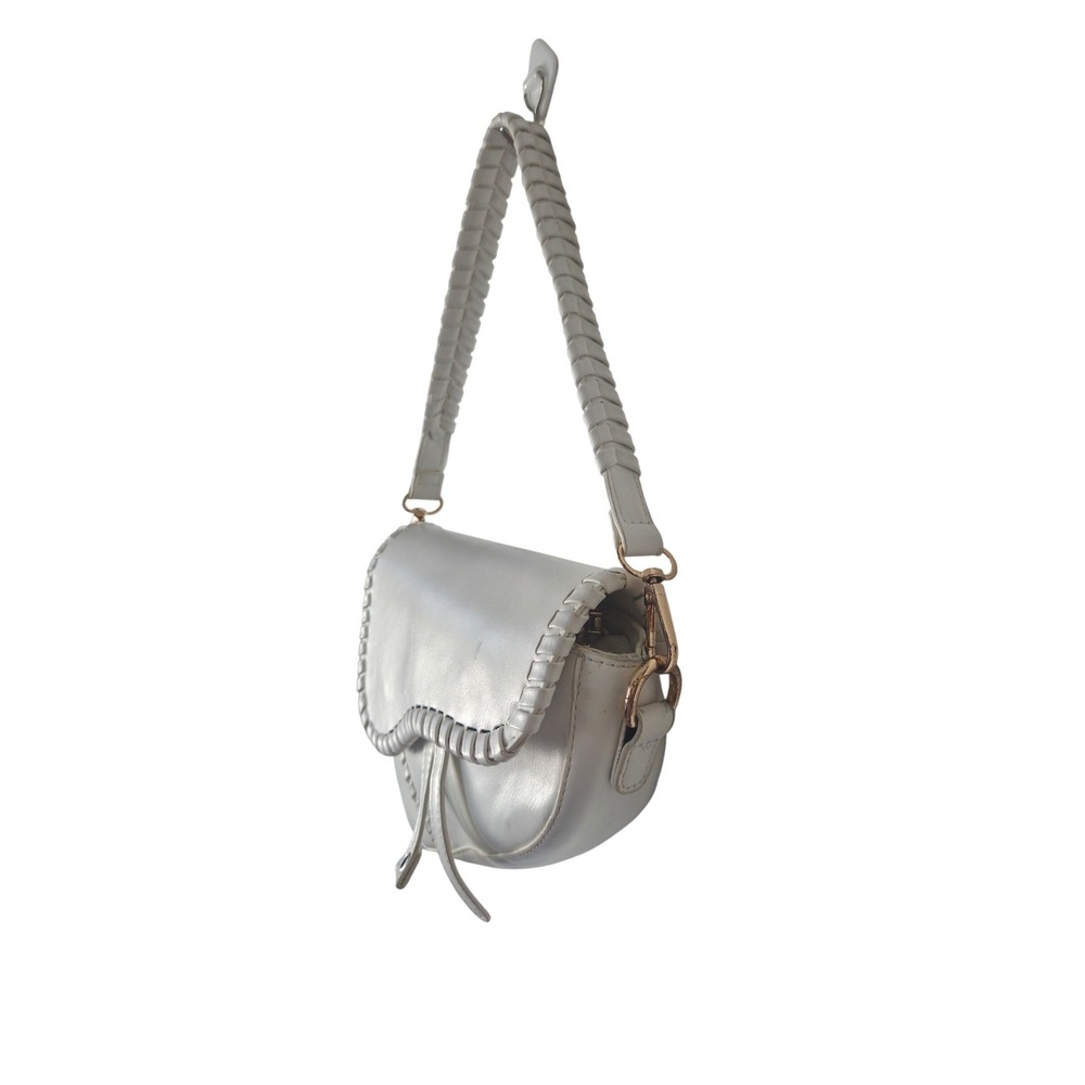 White Saddle Bag Shoulder Bag Woven Trim Top Handle - Picture 4 of 8